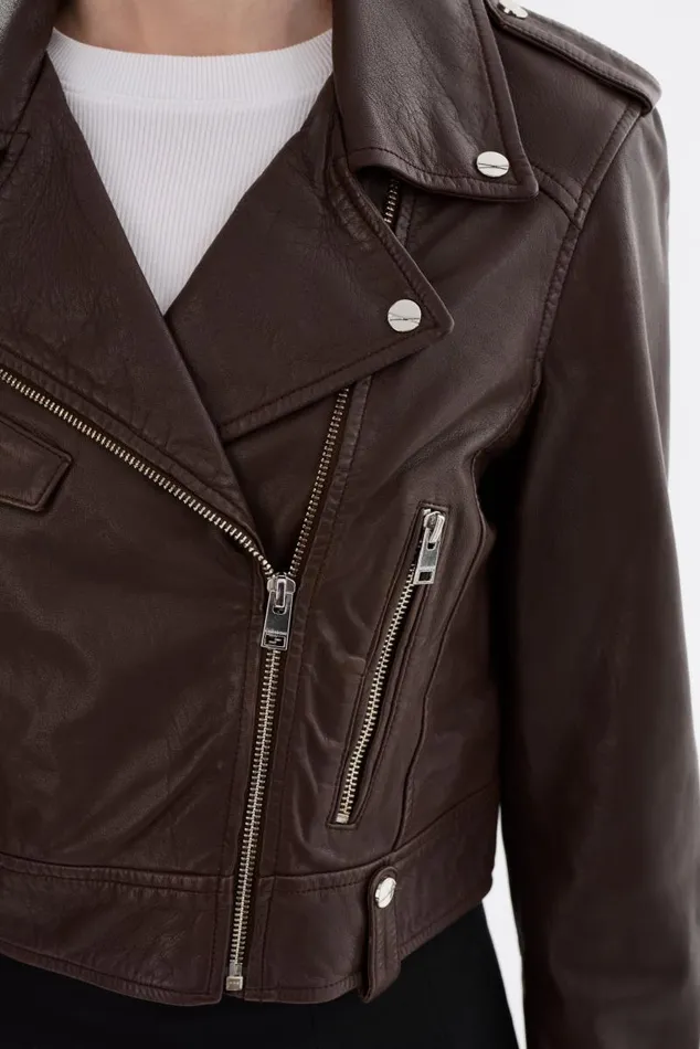 Women CIARA Cropped Leather Biker Jacket Dark Brown LAMARQUE Leather Jackets