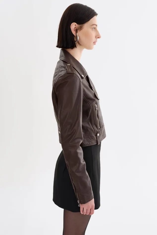 Women CIARA Cropped Leather Biker Jacket Dark Brown LAMARQUE Leather Jackets