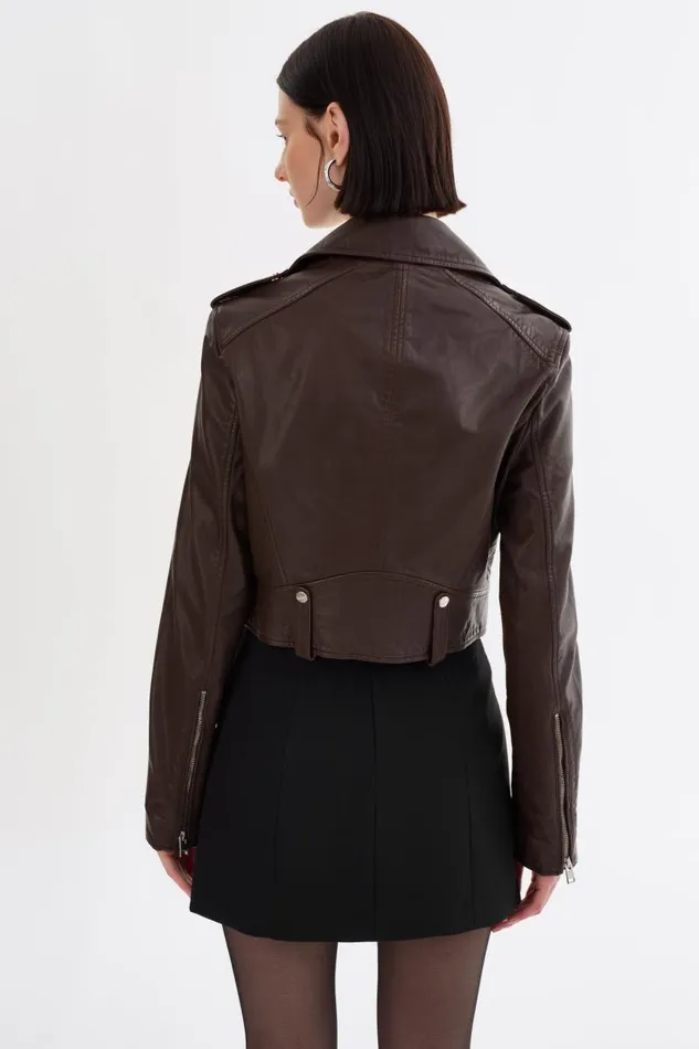 Women CIARA Cropped Leather Biker Jacket Dark Brown LAMARQUE Leather Jackets