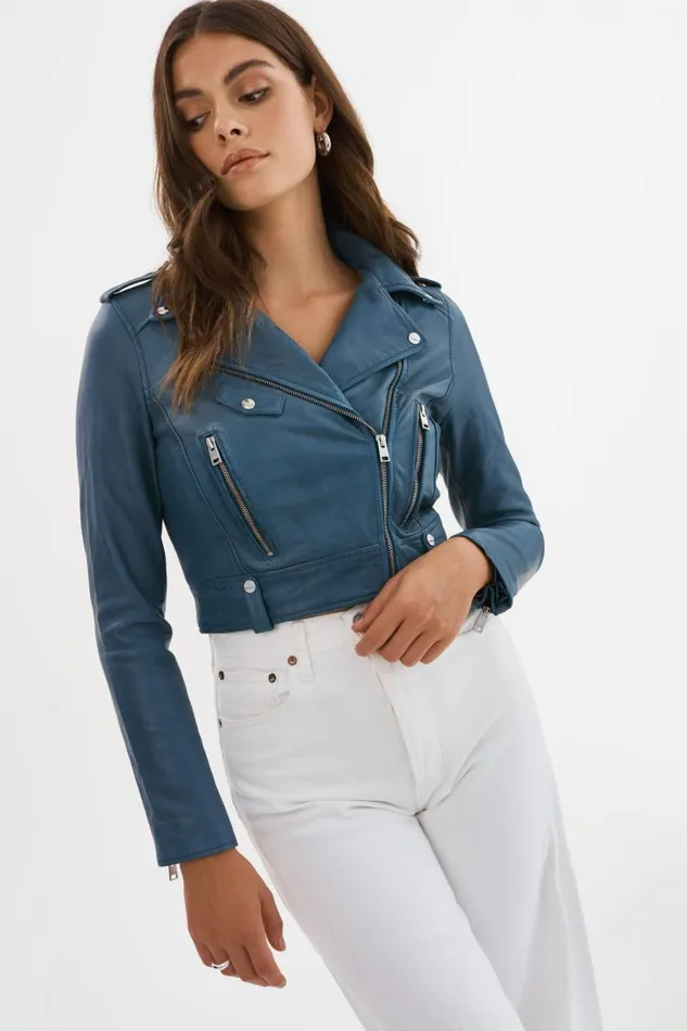 Women CIARA Cropped Leather Biker Jacket Slate Blue LAMARQUE Leather Jackets Women CIARA Cropped Leather Biker Jacket Slate Blue LAMARQUE Leather Jackets