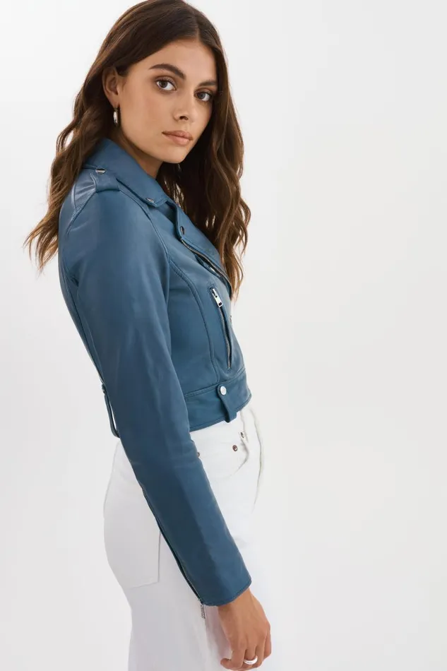 Women CIARA Cropped Leather Biker Jacket Slate Blue LAMARQUE Leather Jackets Women CIARA Cropped Leather Biker Jacket Slate Blue LAMARQUE Leather Jackets