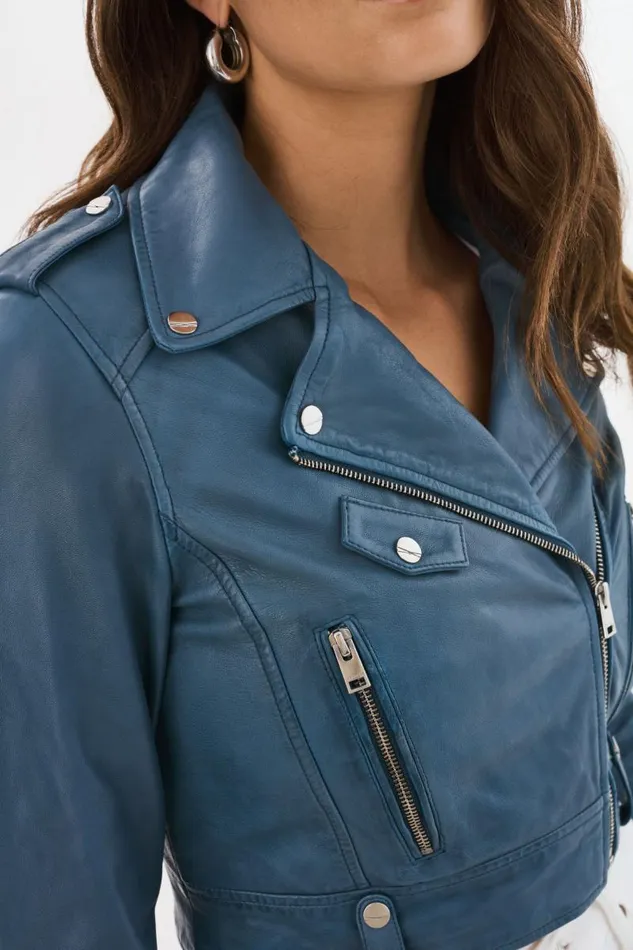 Women CIARA Cropped Leather Biker Jacket Slate Blue LAMARQUE Leather Jackets Women CIARA Cropped Leather Biker Jacket Slate Blue LAMARQUE Leather Jackets