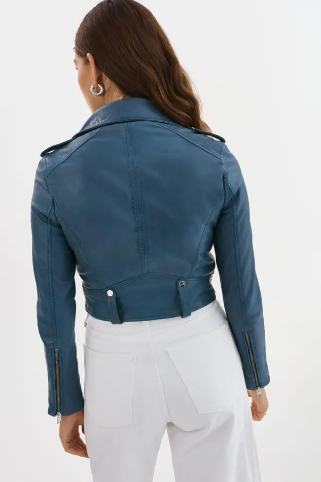 Women CIARA Cropped Leather Biker Jacket Slate Blue LAMARQUE Leather Jackets Women CIARA Cropped Leather Biker Jacket Slate Blue LAMARQUE Leather Jackets