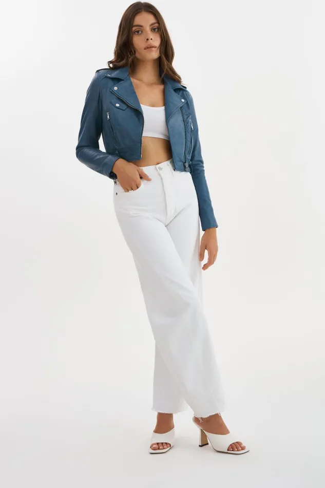 Women CIARA Cropped Leather Biker Jacket Slate Blue LAMARQUE Leather Jackets Women CIARA Cropped Leather Biker Jacket Slate Blue LAMARQUE Leather Jackets