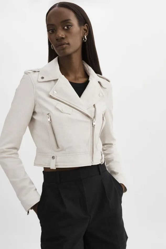 Women CIARA Cropped Leather Biker Jacket White LAMARQUE Leather Jackets Women CIARA Cropped Leather Biker Jacket White LAMARQUE Leather Jackets
