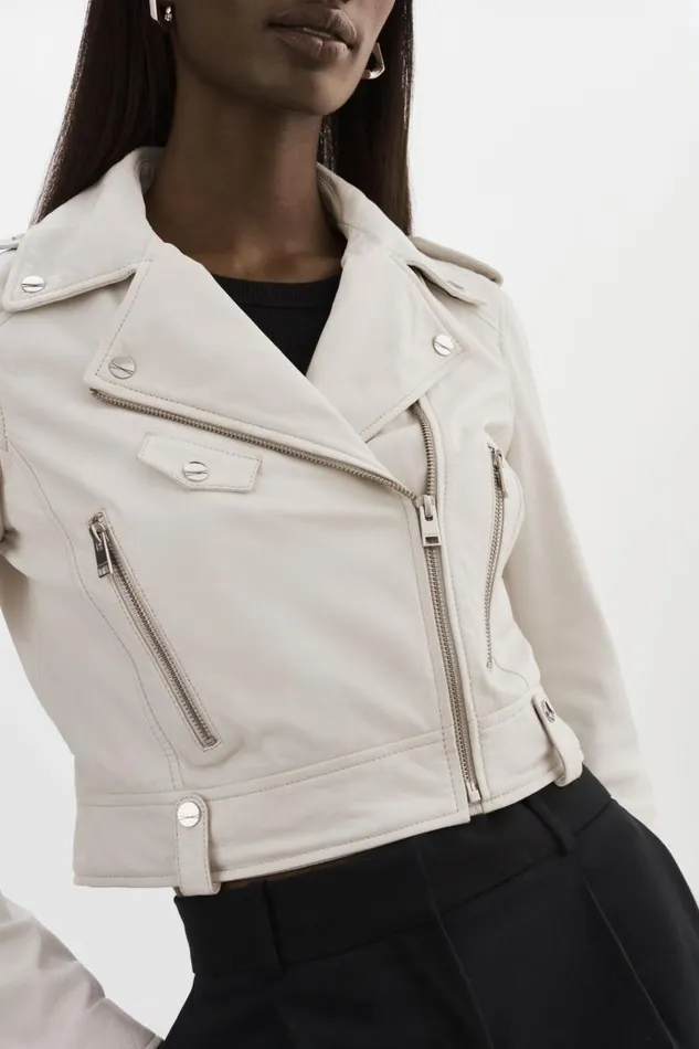 Women CIARA Cropped Leather Biker Jacket White LAMARQUE Leather Jackets Women CIARA Cropped Leather Biker Jacket White LAMARQUE Leather Jackets