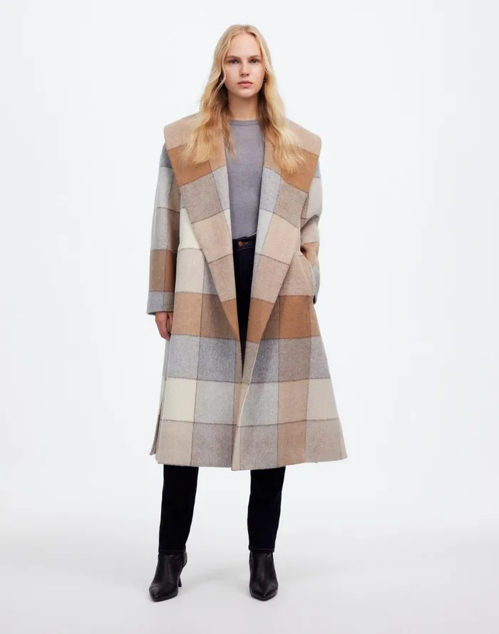 Women Coats Jackets Madewell Belted Robe Coat In Plaid Soft Fawn