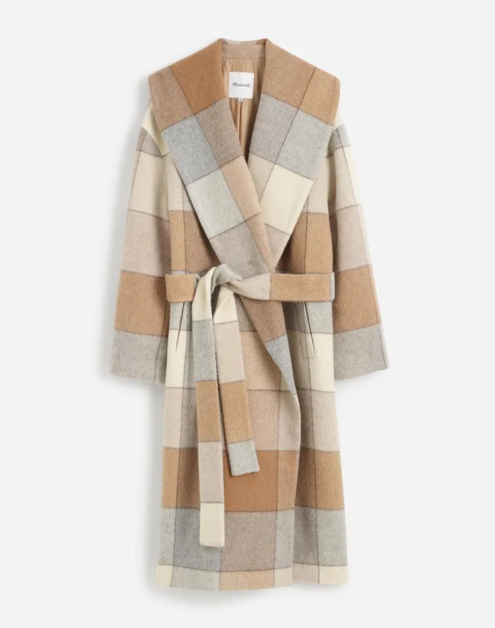 Women Coats Jackets Madewell Belted Robe Coat In Plaid Soft Fawn