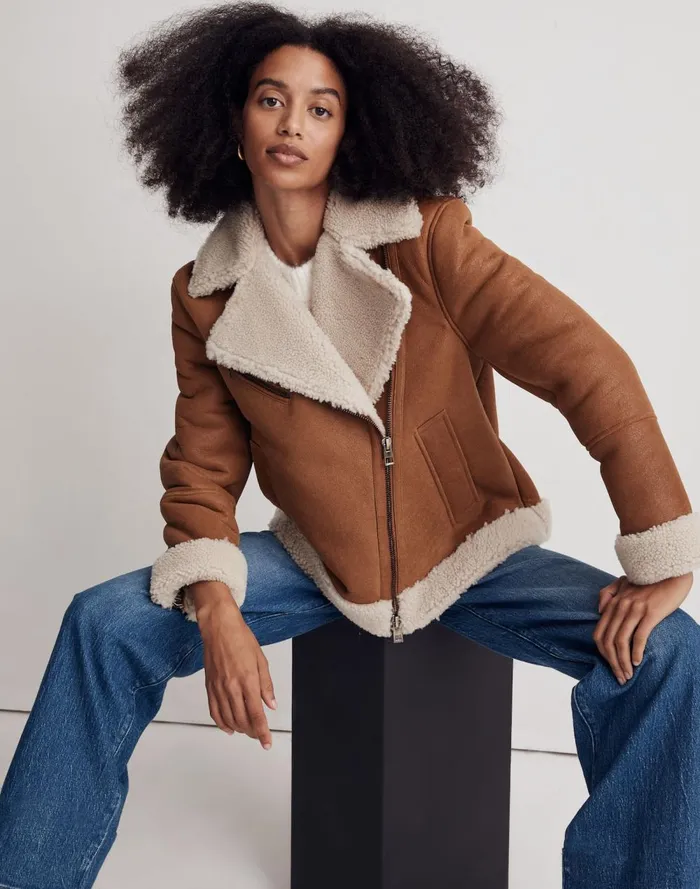Women Coats Jackets Madewell Oversized Shearling Motorcycle Jacket Acorn