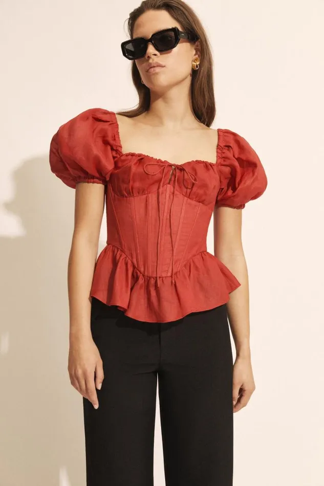 Women Corsets Bardot Esra Puff Sleeve Corset Top In Fire Red Fire Red