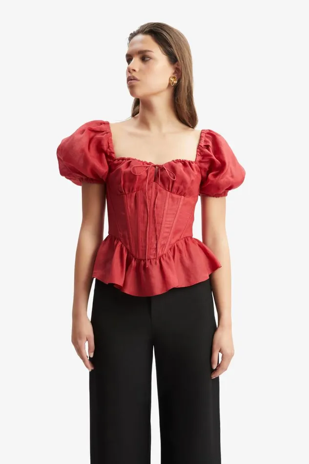 Women Corsets Bardot Esra Puff Sleeve Corset Top In Fire Red Fire Red