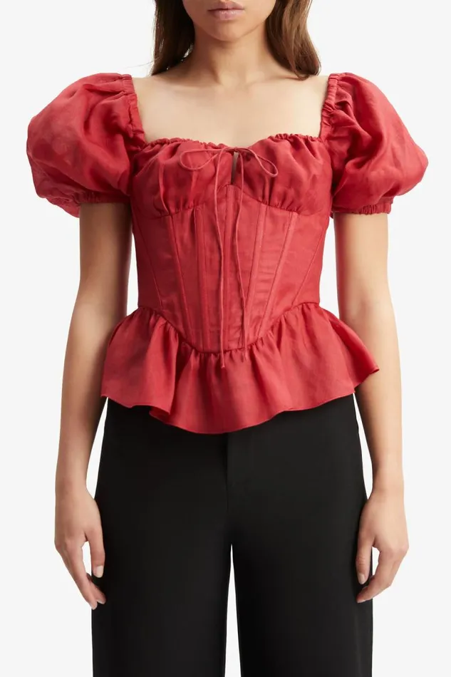 Women Corsets Bardot Esra Puff Sleeve Corset Top In Fire Red Fire Red