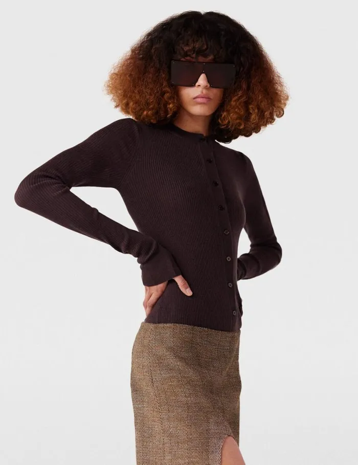Women Crewneck LongSleeve Cardigan Dark Brown Stella McCartney Knitwear