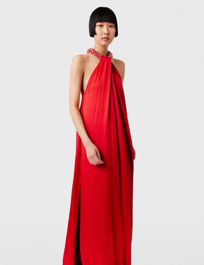 Women Crystal Halterneck Satin Maxi Dress Scarlet Red Stella McCartney Dresses Women Crystal Halterneck Satin Maxi Dress Scarlet Red Stella McCartney Dresses