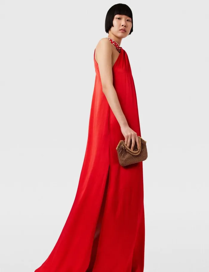 Women Crystal Halterneck Satin Maxi Dress Scarlet Red Stella McCartney Dresses Women Crystal Halterneck Satin Maxi Dress Scarlet Red Stella McCartney Dresses