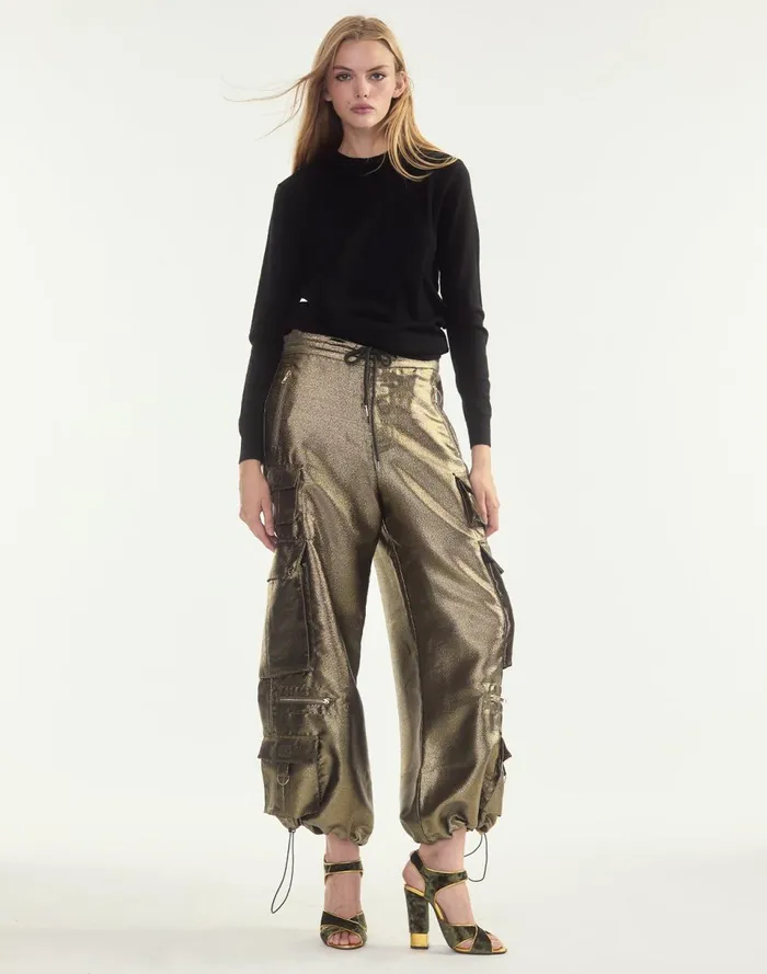 Women Cynthia Rowley Bottoms Metallic Cargo Pants Blkgld Women Cynthia Rowley Bottoms Metallic Cargo Pants Blkgld