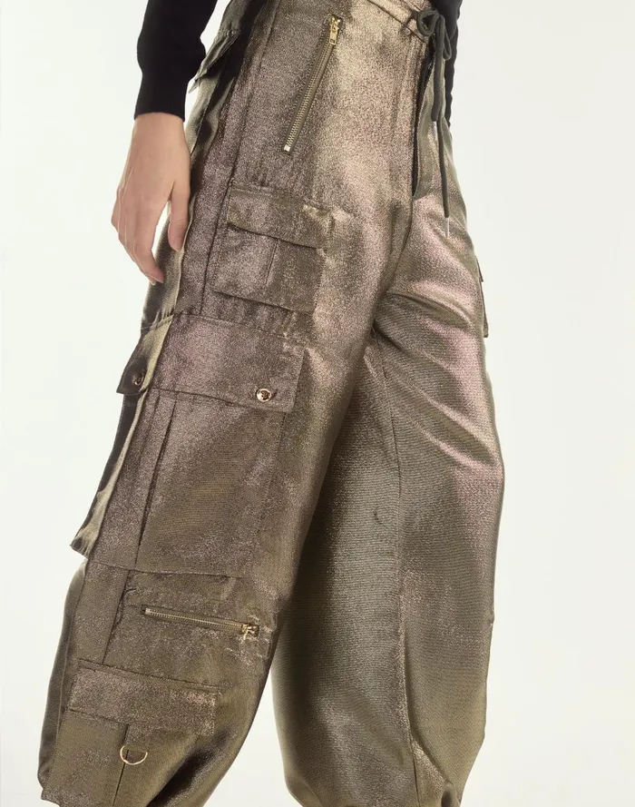 Women Cynthia Rowley Bottoms Metallic Cargo Pants Blkgld Women Cynthia Rowley Bottoms Metallic Cargo Pants Blkgld