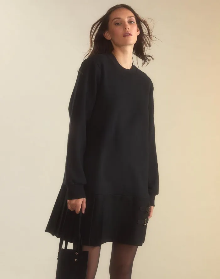 Women Cynthia Rowley Dresses Preston Pleated Sweatshirt Dress Black Women Cynthia Rowley Dresses Preston Pleated Sweatshirt Dress Black