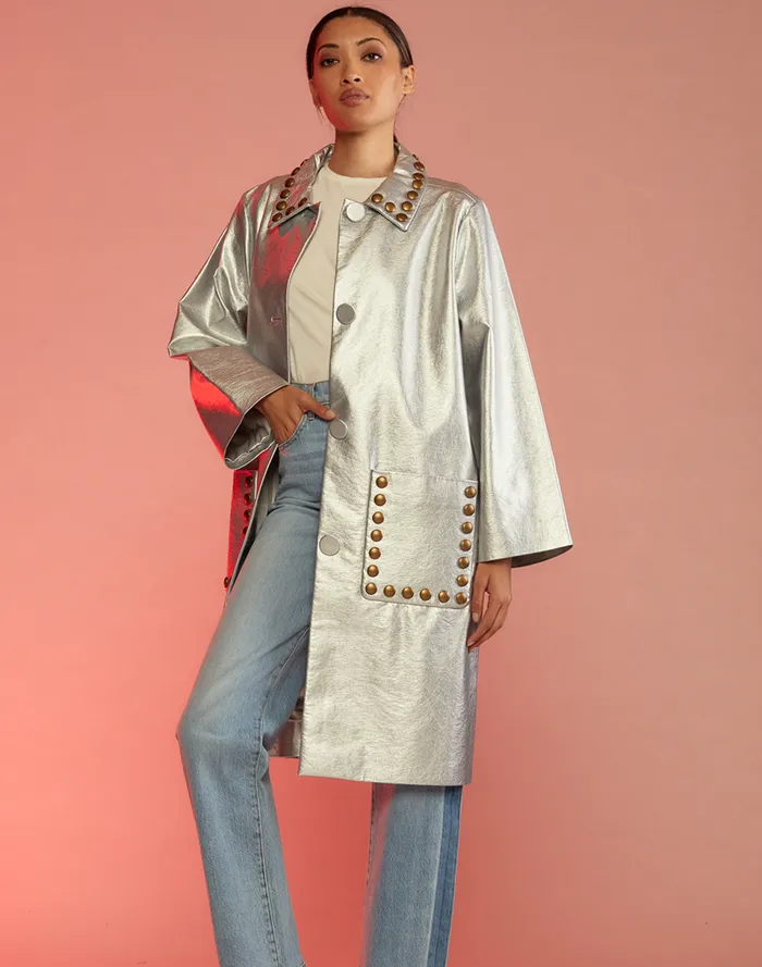Women Cynthia Rowley Outerwear Vegan Studded Leather Coat Silver