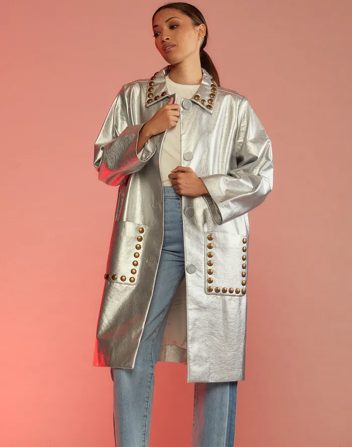 Women Cynthia Rowley Outerwear Vegan Studded Leather Coat Silver