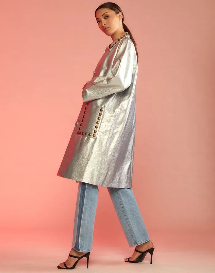 Women Cynthia Rowley Outerwear Vegan Studded Leather Coat Silver