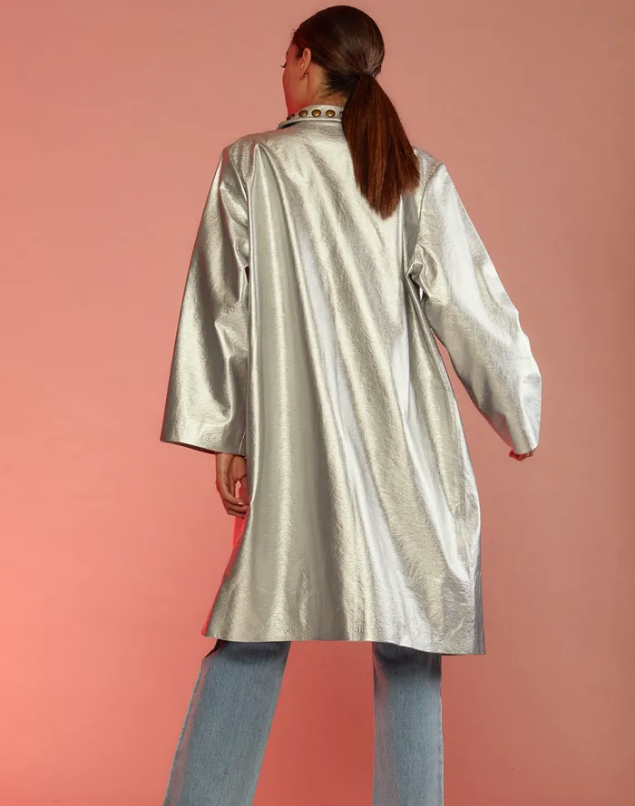 Women Cynthia Rowley Outerwear Vegan Studded Leather Coat Silver
