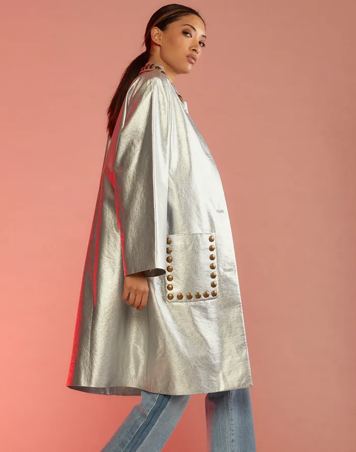 Women Cynthia Rowley Outerwear Vegan Studded Leather Coat Silver