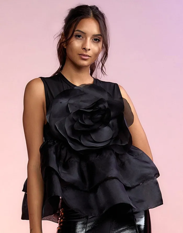Women Cynthia Rowley Tops Chloe Organza Flower Top Black