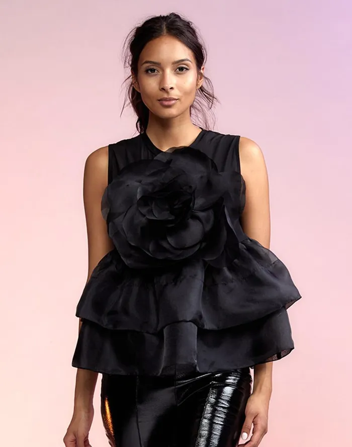 Women Cynthia Rowley Tops Chloe Organza Flower Top Black