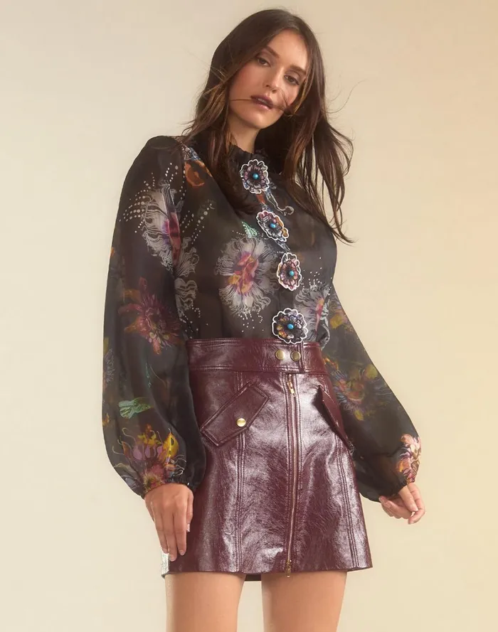 Women Cynthia Rowley Tops Prim Silk Organza Blouse Blkfl