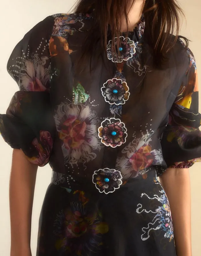 Women Cynthia Rowley Tops Prim Silk Organza Blouse Blkfl