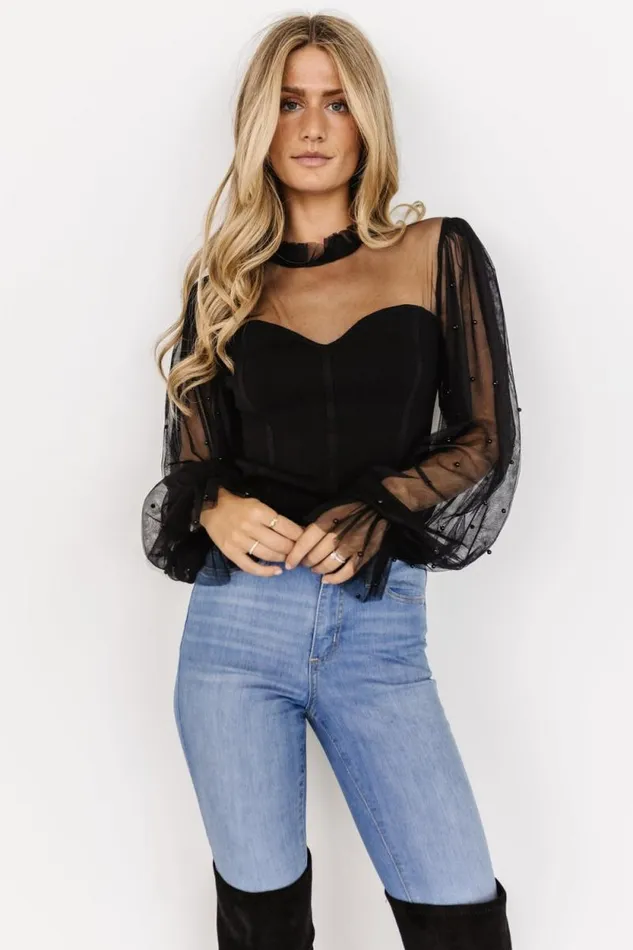 Women Cyrus Beaded Tulle Sleeve Top Black Baltic Born Blouses and Shirts