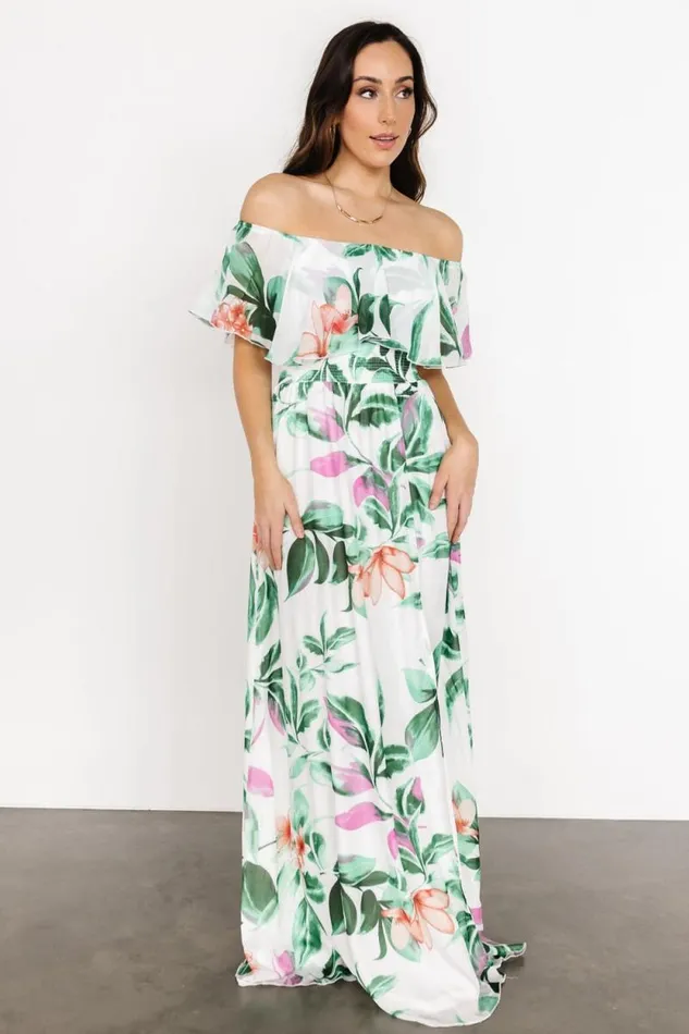 Women Daphne Off Shoulder Maxi Dress White Green Multi Floral Baltic Born Maxi Dresses
