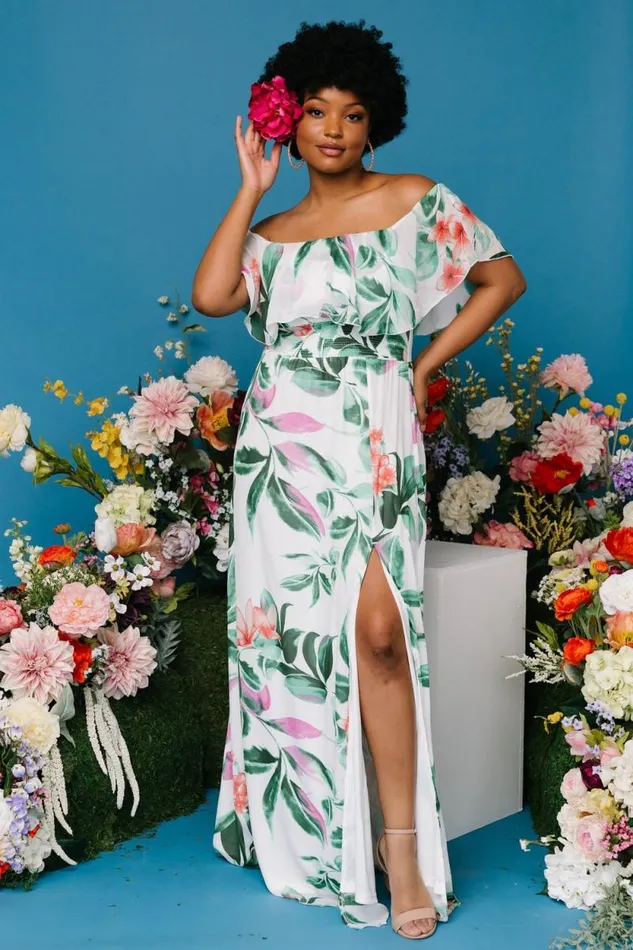 Women Daphne Off Shoulder Maxi Dress White Green Multi Floral Baltic Born Maxi Dresses