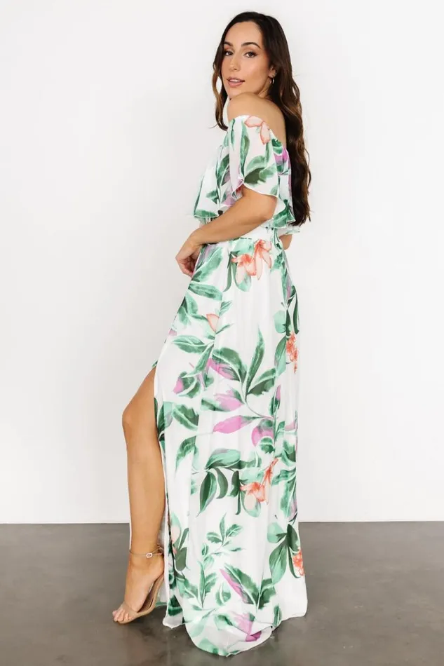 Women Daphne Off Shoulder Maxi Dress White Green Multi Floral Baltic Born Maxi Dresses