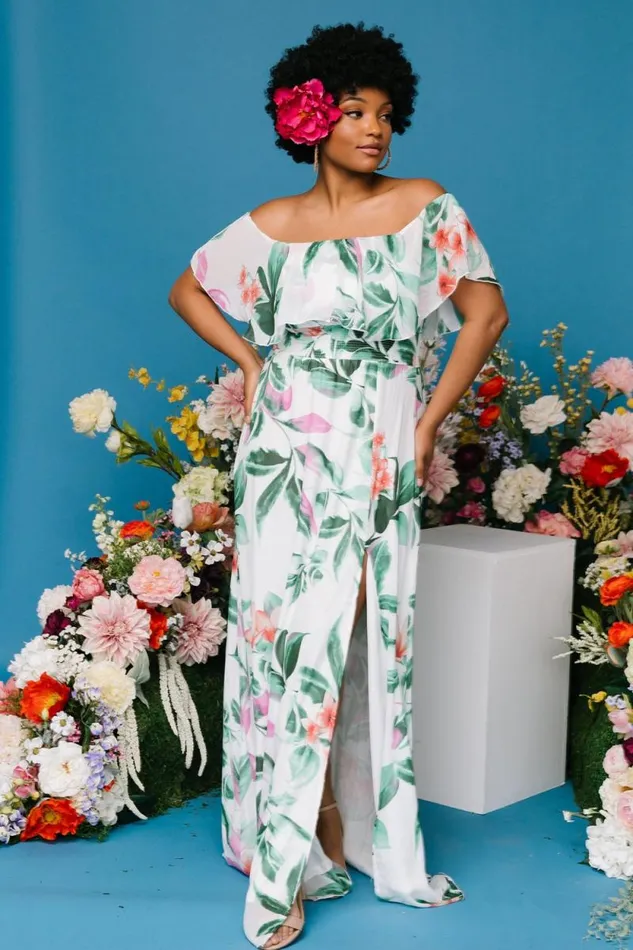 Women Daphne Off Shoulder Maxi Dress White Green Multi Floral Baltic Born Maxi Dresses