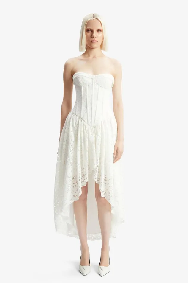 Women Day To Night Dresses Bardot Felicidad Strapless Lace Dress In Orchid White Orchid White