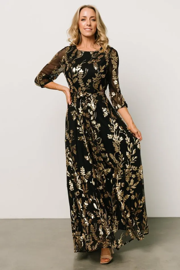 Women Destiny Sequin Maxi Dress Black Gold Baltic Born Embellished and Sequined Women Destiny Sequin Maxi Dress Black Gold Baltic Born Embellished and Sequined