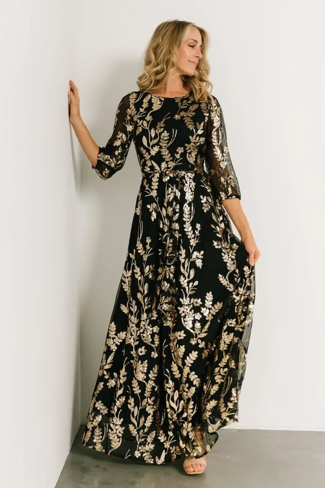 Women Destiny Sequin Maxi Dress Black Gold Baltic Born Embellished and Sequined Women Destiny Sequin Maxi Dress Black Gold Baltic Born Embellished and Sequined