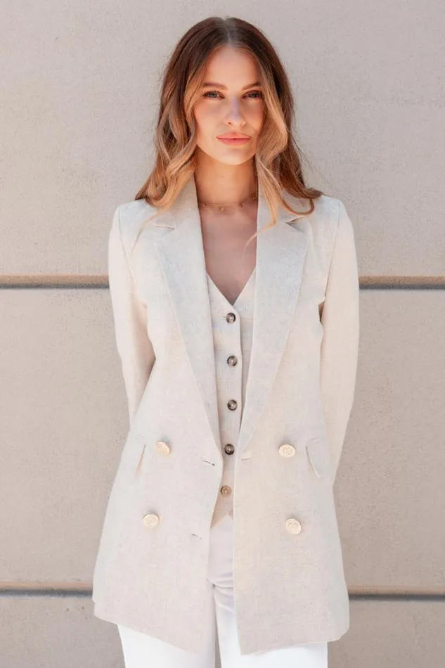 Women Double Breasted Blazer Natural Linen Holland Cooper Tailoring