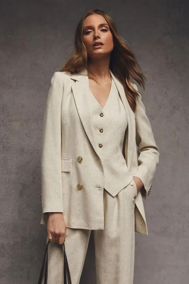Women Double Breasted Blazer Natural Linen Holland Cooper Tailoring