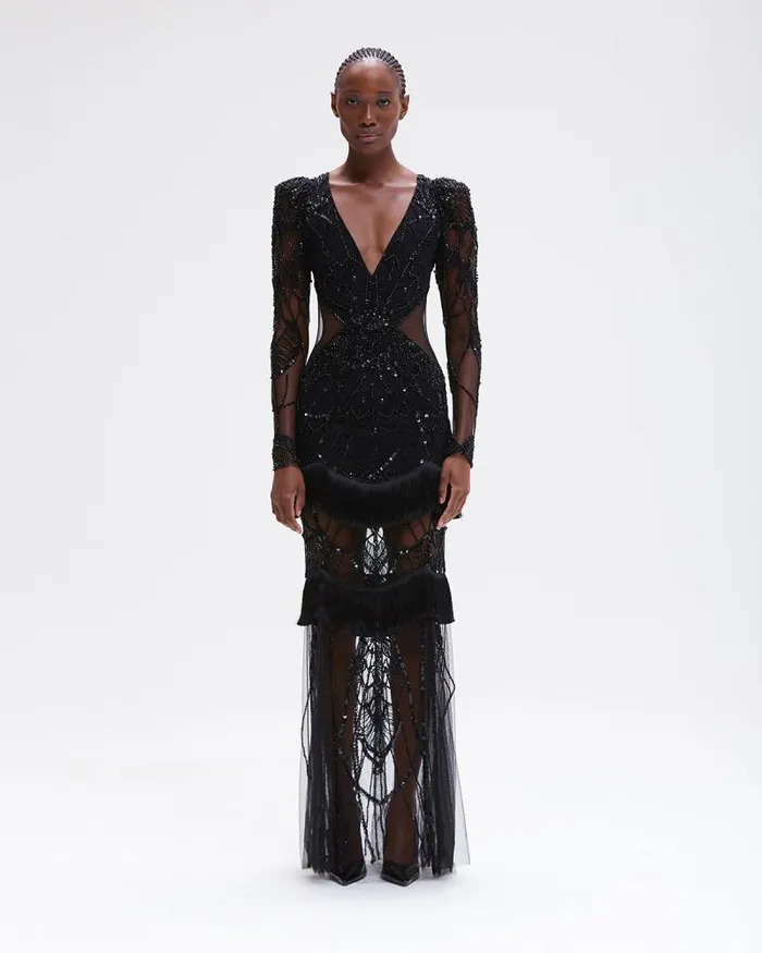 Women Dresses and Jumpsuits PatBO Gossamer Fringe Maxi Dress RUNWAY Black