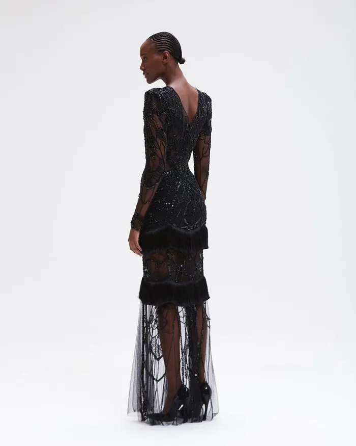 Women Dresses and Jumpsuits PatBO Gossamer Fringe Maxi Dress RUNWAY Black