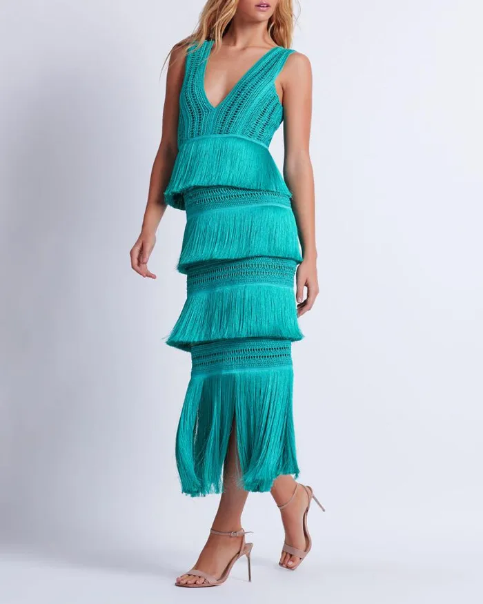 Women Dresses and Jumpsuits PatBO Plunging Fringe Midi Dress FINAL SALE Curaao