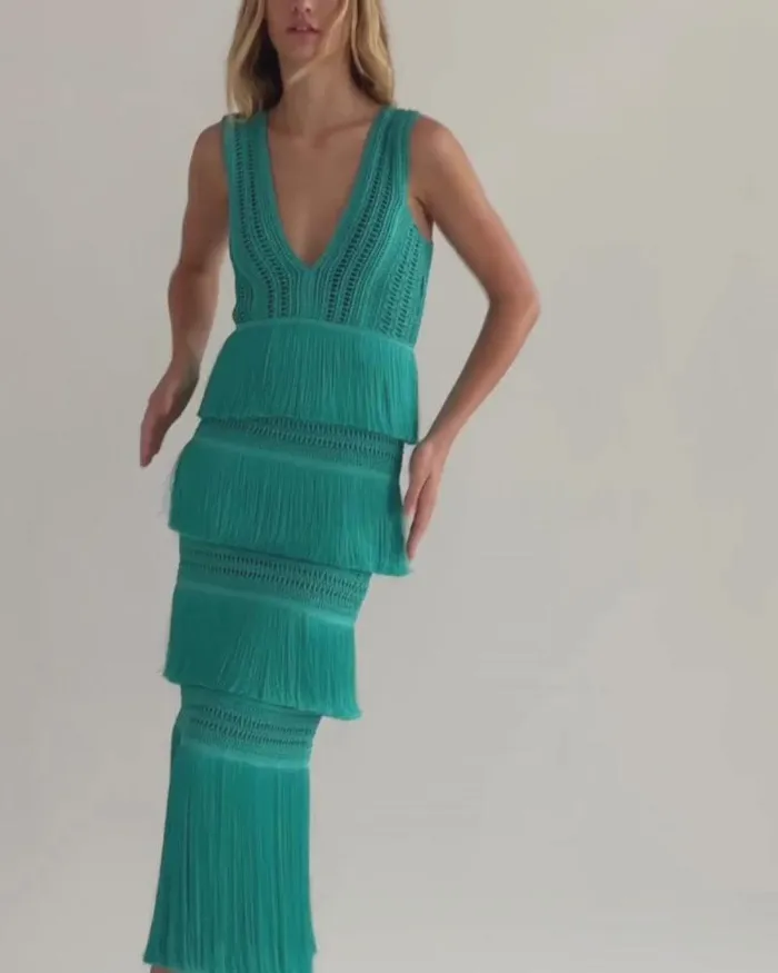 Women Dresses and Jumpsuits PatBO Plunging Fringe Midi Dress FINAL SALE Curaao