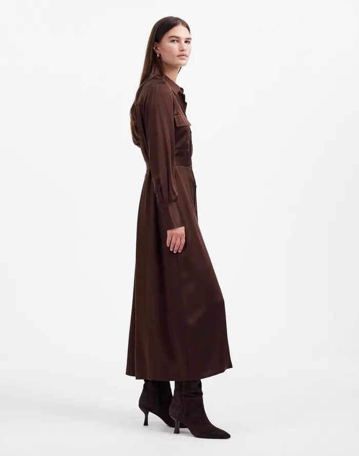 Women Dresses Madewell Silk Belted Midi Shirtdress Dark Carob