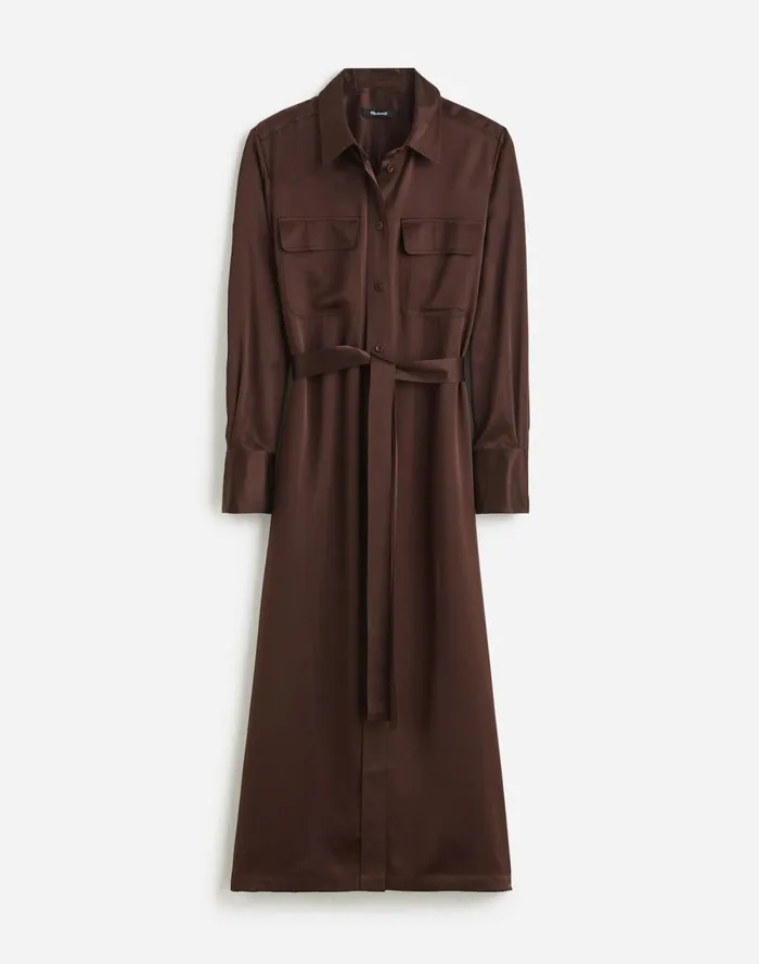 Women Dresses Madewell Silk Belted Midi Shirtdress Dark Carob