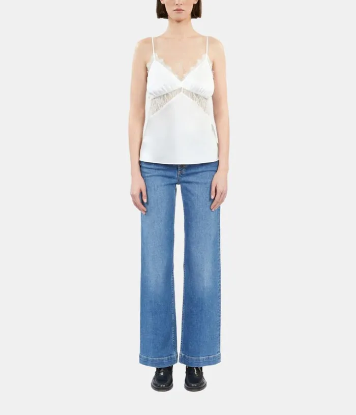 Women Ecru Silk Camisole With Lace THE KOOPLES Blouses and Shirts