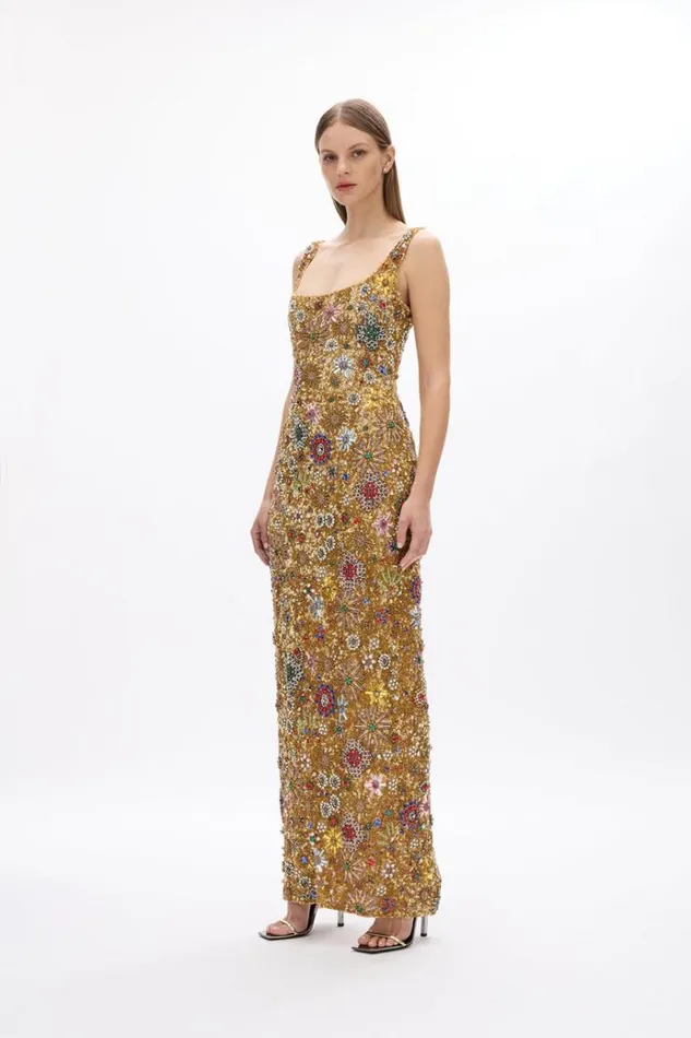 Women Evening Dresses Rachel Gilbert Francesca Strap Star Gown Gold