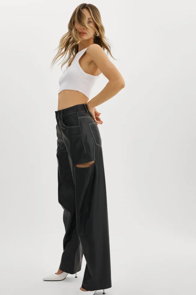 Women FALEEN Faux Leather Loose Pants Black LAMARQUE Pants and Shorts